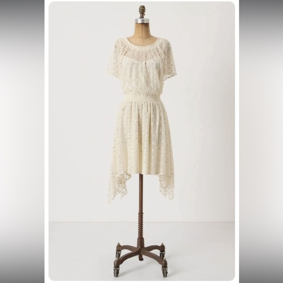 Anthropologie Leifnotes Polka Dot Dress White Ivory Sequin Flutter Sleeve 4 NWT - Picture 2 of 14